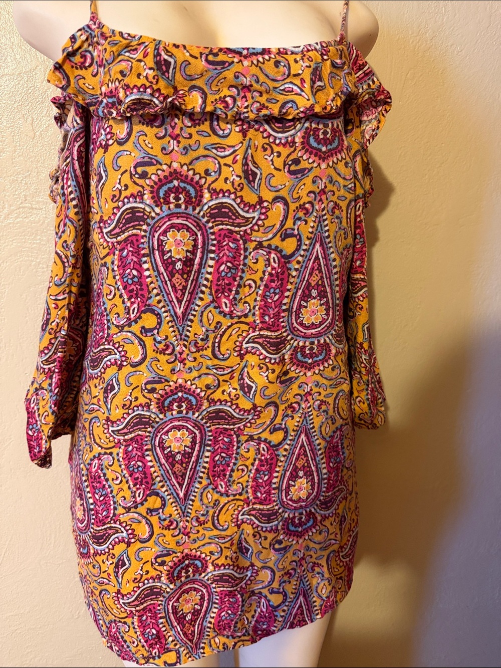 Hollister Yellow Paisley One-Shoulder Dress with Pink Accents